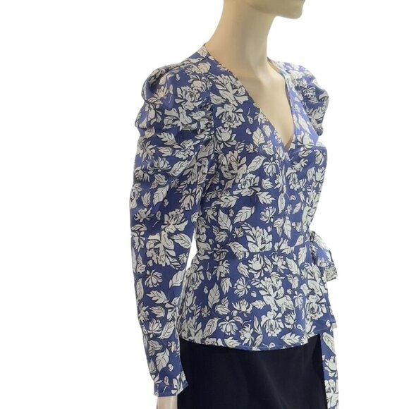 ASTR The LABEL Top Polyester Royal Blue Floral Attached Side Tie Wrap Puffed Gat - Picture 8 of 16
